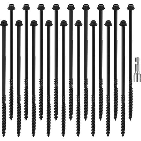 18 Pcs Vis à Bois, Vis 6,7 x 200 mm, Vis à Tête Hexagonale, Vis à Tête Bombée, Assortiment de Vis Autotaraudeuses, Vis a Bois, Vis Universelles pour Terrasse Construction de Toit(6,7 x 200 mm, Noir) (1/5)
