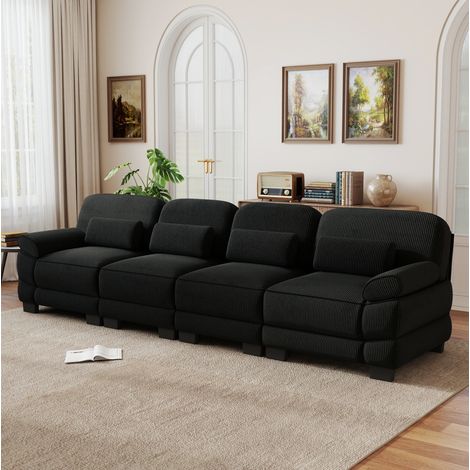 MODFU – Divano modulare 4 posti 336x88,5x94 cm in velluto a coste con cuscini lombari, connettori, schiuma HD e carico 600 kg – Nero (1/5)
