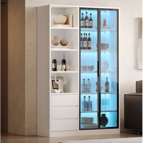 Vitrine mit LED-Beleuchtung, Glastüren und 3 Schubladen, Weiß, 100 x 35 x 160 cm (1/5)