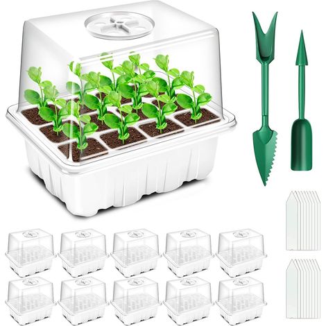10 - Plateau Semis - Mini Serre - Couvercle Réglable - Matériau PVC Épais 0,8mm - Pour Fleurs Légumes Herbes - Blanc - 3,7x3,7x5,5cm