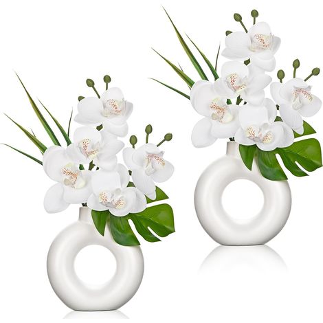 Lot de 2 mini plantes artificielles orchidées avec vase donut en céramique - Fleurs artificielles comme de vraies fleurs avec fleurs Real-Touch (1/5)