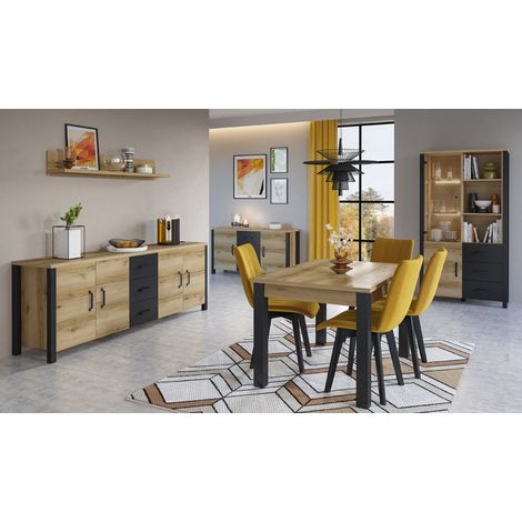 Esszimmer Möbel Set mit ausziehbarem Esstisch in Grand Natural Oak Nb. mit schwarz supermatt ORADEA-83