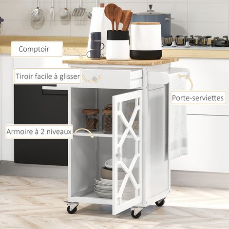Desserte de cuisine sur roulettes - Modèle blanc et bois avec tiroir, placard vitré et porte-serviette - Design contemporain pratique (1/5)