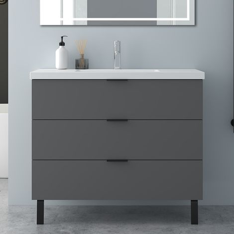 Mobile Bagno Sospeso Con Piedini e Lavabo,Larghezza 99 cm,Dotato di 3 Cassetti,Stile Moderno,Sistema di Chiusura Soft-Close,Finitura Antracite Opaca