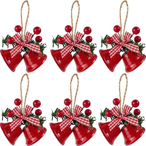 6 campanelle natalizie rosse da 3 pollici con gancio per albero di Natale, campanelle natalizie in metallo decorate (1/5)