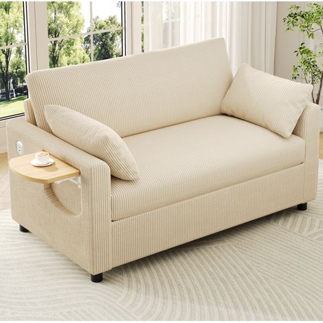 Divano letto 2 posti in corduroy beige 134x82x84 cm, estraibile con USB/USB-C, tavolino pieghevole e materasso (1/5)
