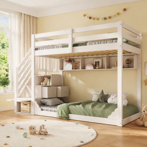 Letto a castello per bambini 90 x 200 cm con scala contenitore, bianco HAVRYA (1/5)