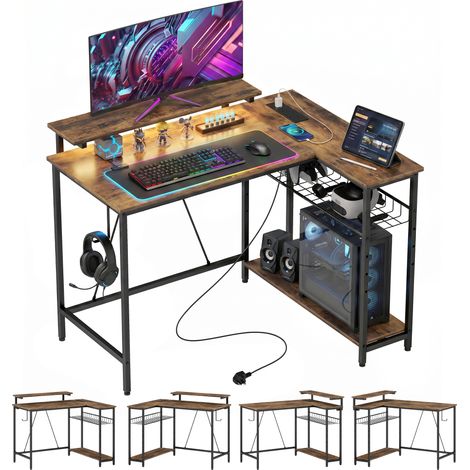 HOMCOM L Shaped Desk with LED Lights and Storage, Rustic Brown (1/5)