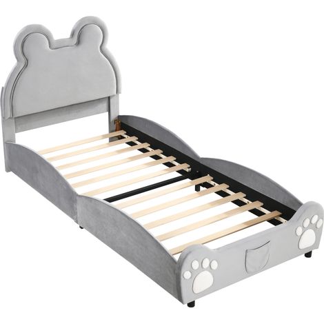 Cama infantil tapizada con forma de oso 90 x 200 cm, terciopelo gris (1/5)