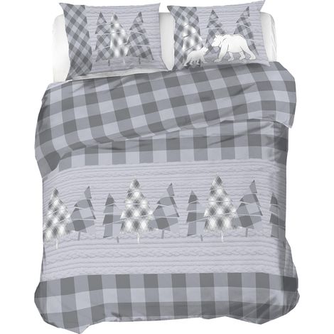 Parure de lit Double en Flanelle 100% Coton, Housse de Couette 250 x 200 cm, taie d'oreiller 52 x 82 cm, Lavable en Machine à 40 degrés, Motif Gris Canada (1/5)