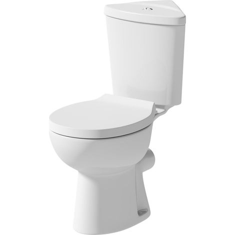 Corner Close Coupled Bathroom Toilet White Ceramic WC 365mm Oval Pan with Soft Close Seat