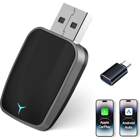 Applicable Adaptateur Carplay sans fil 2 en 1 : convertit le câble Apple CarPlay/Android Auto - Adaptateur en sans fil, Plug & Play, Automat Verb, sans délai, avec port USB A/C pour iOS 10+ et Android