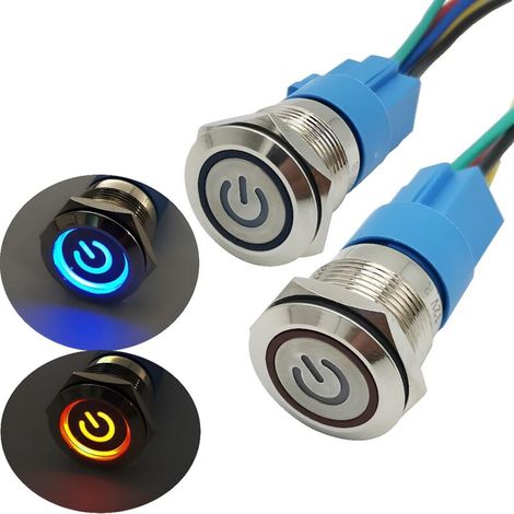 19mm 12V Verrouillage Bouton-poussoir, Symbole d'alimentation avec source lumineuse LED Démarrage Bouton Commutateur Bouton Auto-bloquant en Acier Inoxydable 2 Pcs (Rouge+Bleu) (1/5)