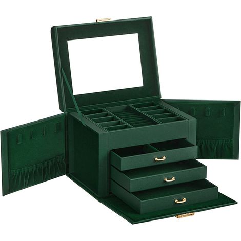 Joyero joyero de viaje organizador de joyas portátil con 2 cajones espejo cerradura y llaves con cerradura 175 x 135 x 12 cm verde 120004342 (1/4)