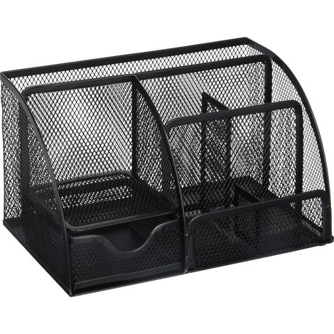 Organiseur de bureau noir, accessoires de bureau en maille, 5 compartiments + tiroir, 21,8 x 14 x 12,7 cm (1/5)