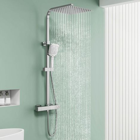Aica Sanitaire – Colonne de douche thermostatique 30x30 cm – Corps en laiton – Réglable en hauteur – Anti-brûlure – Finition chromée (1/5)