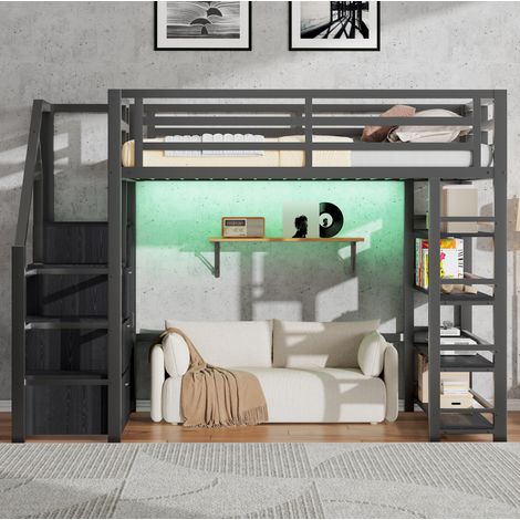 Lit mezzanine 140x200 cm en métal noir avec rangement, penderie et LED (1/5)