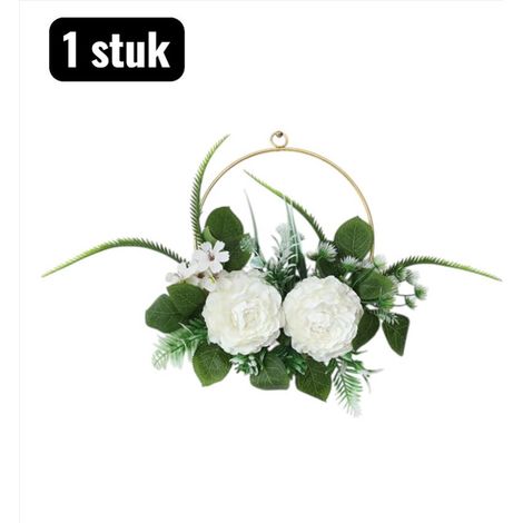 Ensemble décoratif de fleurs et branches séchées avec système de suspension pour décoration murale du salon ou de la chambre composition ronde avec fleurs blanches 1 pièce (1/5)