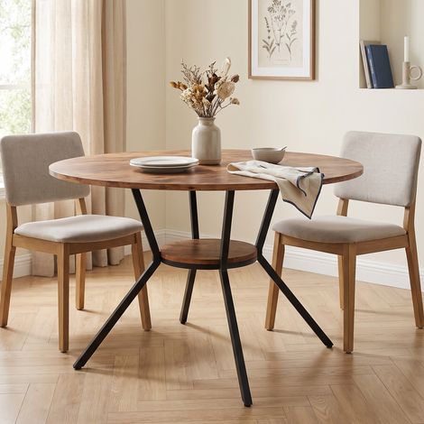 Table à manger ronde 120 cm avec étagère de rangement, bois, style vintage, Marron (1/5)