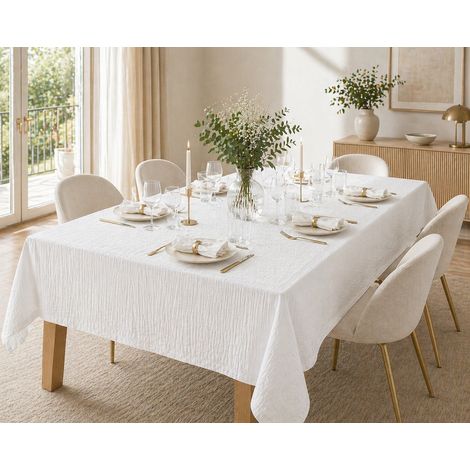 Nappe rectangle 150 x 350 cm + 6 serviettes de table – Double gaze de coton GAÏA Blanc (1/5)