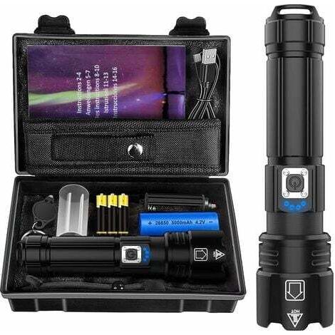 Lampe Torche LED Ultra Puissante, 10000 Lumens Rechargeable, IP67 Étanche Lampe Tactique, P70 Torches 5 Modes, Zoomable, pour Camping Randonnée Urgence (Avec Batterie) [Classe énergétique A+++] (1/4)