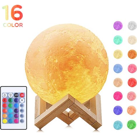Lampada LED Luna 3D, 16 colori RGB, touch e telecomando, dimmerabile, luce notturna da 15 cm con base in legno e caricabatterie USB incluso (1/4)