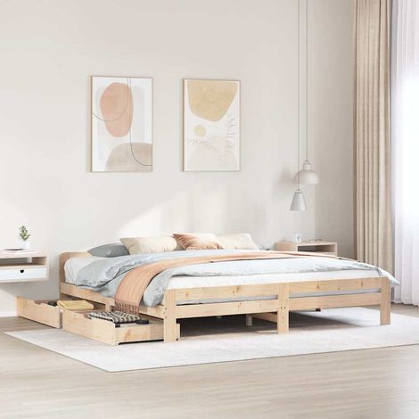 Cadre de Lit 200x200 cm Pin Massif avec Tiroirs et Sommier Lattes (1/4)