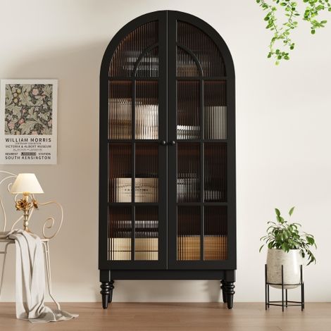 Vitrine Haute 165cm Porte Arche en Verre, Style Montmartre Effet Bois, Plusieurs Compartiments et Pieds en Bois, pour Salon Cuisine et Salle à Manger (1/5)