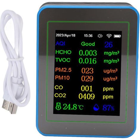 Compteur de qualité de l'air 12 en 1, WiFi, CO2 TVOC HCHO, détection intelligente de la température et de l'humidité en intérieur, alimenté par batterie, avec affichage de l'heure, noir + bleu (1/5)