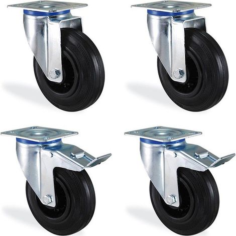 Lot de 4 roulettes pivotantes à frein 100mm – Charge 210kg – Caoutchouc noir pour sols durs – Fixation 80x60mm – HTR