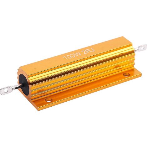 Une résistance de puissance à boîtier en aluminium plaqué or avec des valeurs de résistance de 100 W, 2 ohms (2R) et 4 ohms (4R). (1/4)