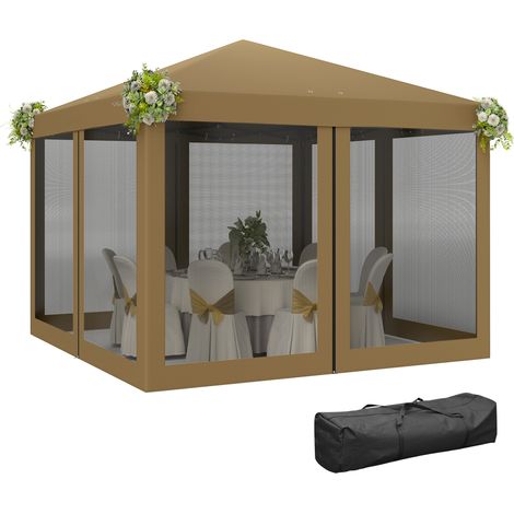 Outsunny 3 x 3 m Pop Up Gazebo, 420D Garden Tent Canopy with Removable Mesh Sidewall Netting, Carry Bag for Garden Patio Outdoor, Khaki