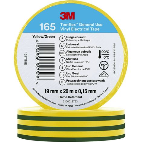 Ruban isolant 3M Temflex en Vinyle Vert, Jaune 20m x 19mm x 0.152mm ( Prix pour 1 )