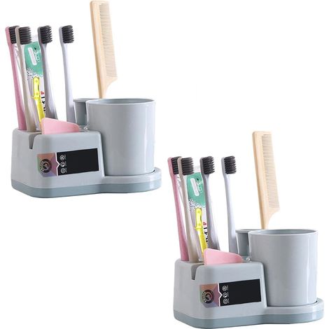 Support Pour Brosse À Dents - 2 Pièces - Avec Égouttoir Et Réservoir Intégré - Pour Brosse Manuelle Ou Électrique - Bleu (1/4)