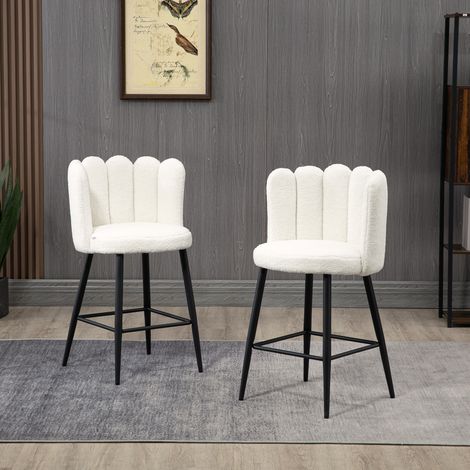Lot de 2 chaises hautes tabourets de bar avec repose-pieds acier tissu effet laine bouclée hauteur 65 cm crème noir
