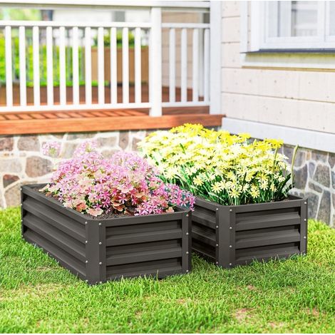 Lot de 2 bacs potagers surélevés 110x50x30 cm en acier gris foncé, fond ouvert pour balcon – MEUBLIV (1/5)