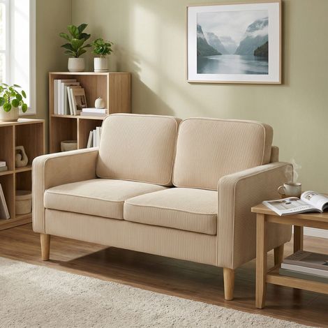 Sofa 2 Sitzer Couch mit 2 Wurfkissen, Stauraum Massivholzfüßen Kleine Modern Loveseat Corduroy 117 x 63 x 79 cm Beige