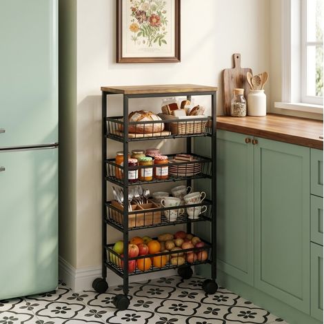 Chariot de desserte à roulettes 4 paniers coulissants, meuble de rangement cuisine avec plateau en MDF, structure métal noir, 15 kg, style rustique brun, CHICFURN (1/5)