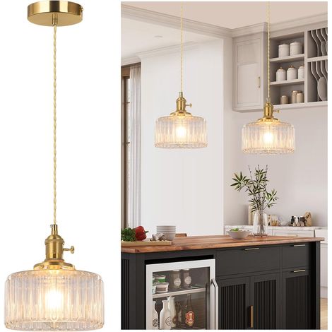 Suspension vintage avec verre strié, Lampe suspendue rétro – Douille E27, Hauteur de câble réglable – Idéale pour chambre, couloir, entrée, chevet – Ampoule non incluse (1/5)