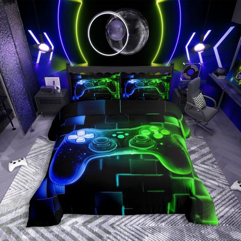 Parure de lit pour enfant - 155 x 220 cm - Housse de couette - Motif jeux vidéo - Pour garçons et adolescents - Fluorescent - Carré géométrique - Bleu et vert - Décoration de chambre (1/5)
