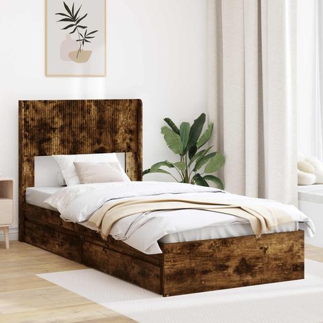 Cadre de lit avec rangement, tête de lit en bois d’ingénierie, chêne fumé, 75 x 190 cm - PANGIVO (1/5)