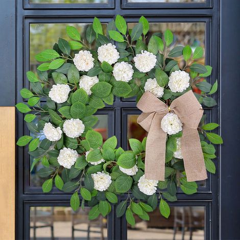 Guirlande Murale - Couronne En Rotin Avec Boules Blanches Et Feuilles Simulées - Décoration Porte Extérieure Intérieure - 1 Pièce (1/5)