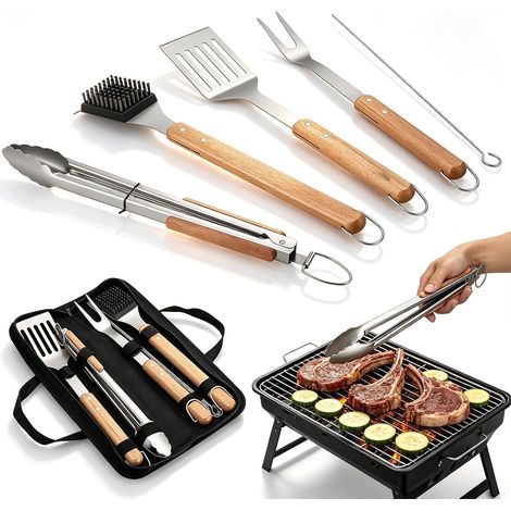 5 Piece Barbecue Set, Thick Stainless Steel Barbecue Utensils with Wooden Handle Extra Long 42.5 cm, Barbecue Accessory with Carry Bag, for Camping and Grilling (1/5)
