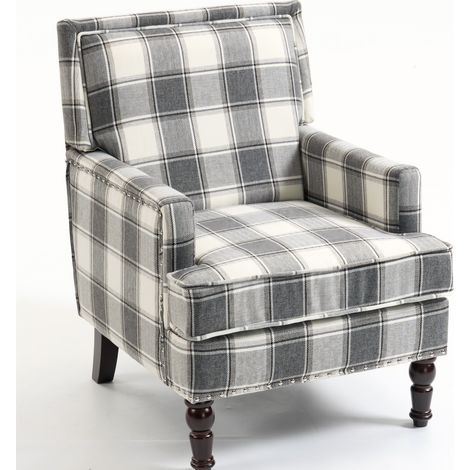 Sillón tapizado vintage con rayas gris y blanco y remates de tachuelas, MODENUIT (1/5)