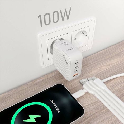 AISENS - CARGADOR GaN 100W, 3xUSB-C PD3.0 QC4.0, 1xUSB-A QC3.0, BLANCO (1/2)