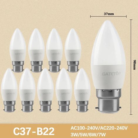 (C37 B22, Blanc chaud 3000K) 10 mini-ampoules LED à haut rendement lumineux, sans scintillement, idéales pour l'éclairage des pièces à vivre.