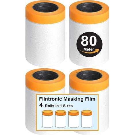 flintronic Ruban de Masquage, 4 Rouleaux Transparent Bache de Protection Peinture, Masker peinture avec Ruban de Adhésifs pour plastique, pour Peinture/Meuble/Sol de Protection(65cm20m) (1/5)