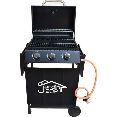 JARDIN202 - Barbacoa Gas Alaska 3 Quemadores Parrilla Gas con Tapa y Ruedas Termometro Mesas Auxiliares Plegables Negro (1/5)