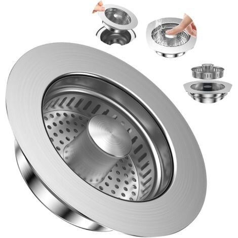Küchenspülenfilter und Spülbeckenstöpsel für eine Tiefe von 40 mm, Spülenloch 75-86 mm, 3 in 1 Pop-Up Ablaufgarnitur aus Edelstahl