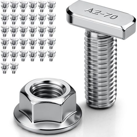 Lot de 32 vis à tête marteau M8 x 30 - En acier inoxydable A2-70 - Vis à tête marteau M8 - Avec écrous à dents de blocage - Écrous à bride M8 - Pour rail de montage solaire PV, serre et profil en (1/5)